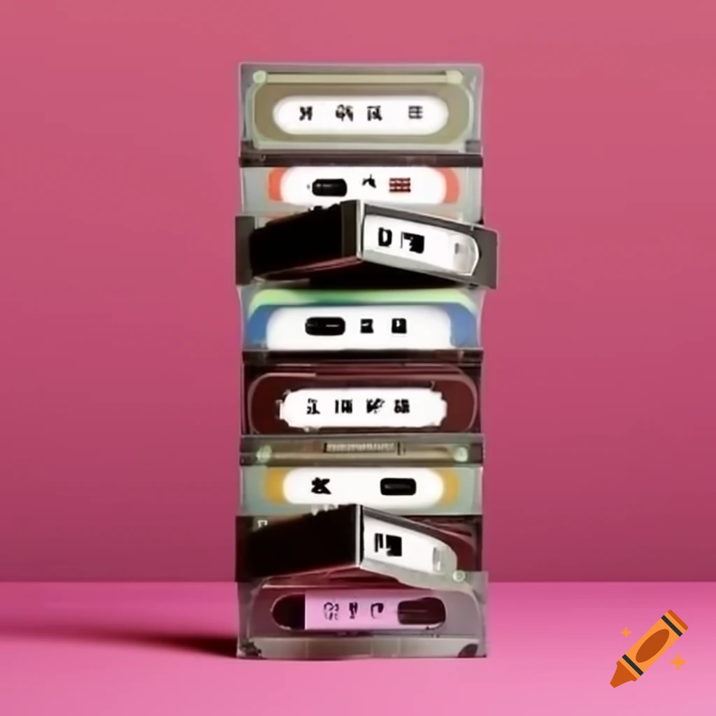 Stack of VHS tapes with blank labels on the sides