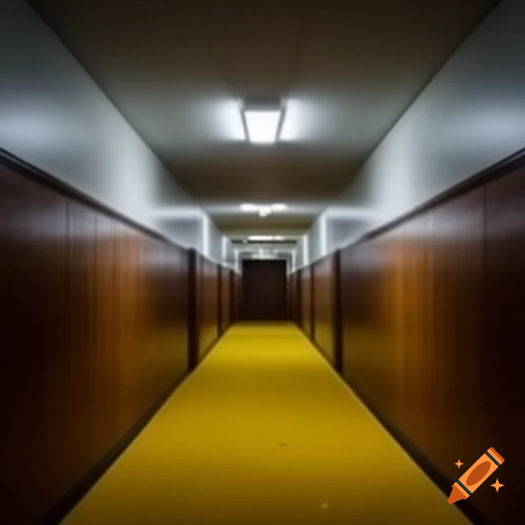 Liminal space corridor with gray wallpaper and yellow carpet