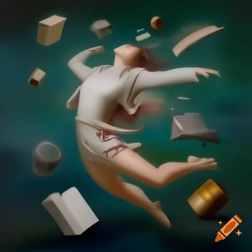 Surreal painting of woman floating with subconscious thoughts and abstract dream scenes
