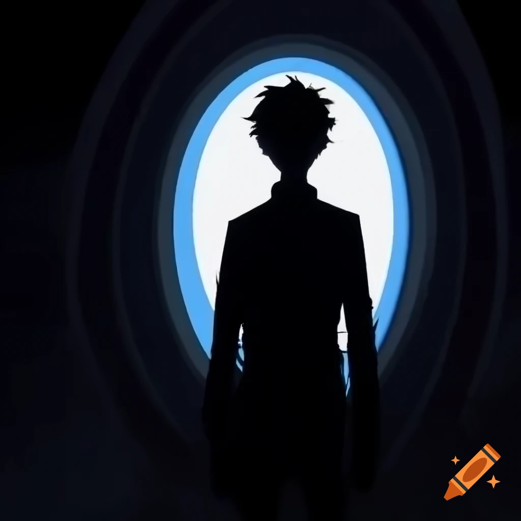 Silhouette of a person in front of a black and white portal to the astral dimension