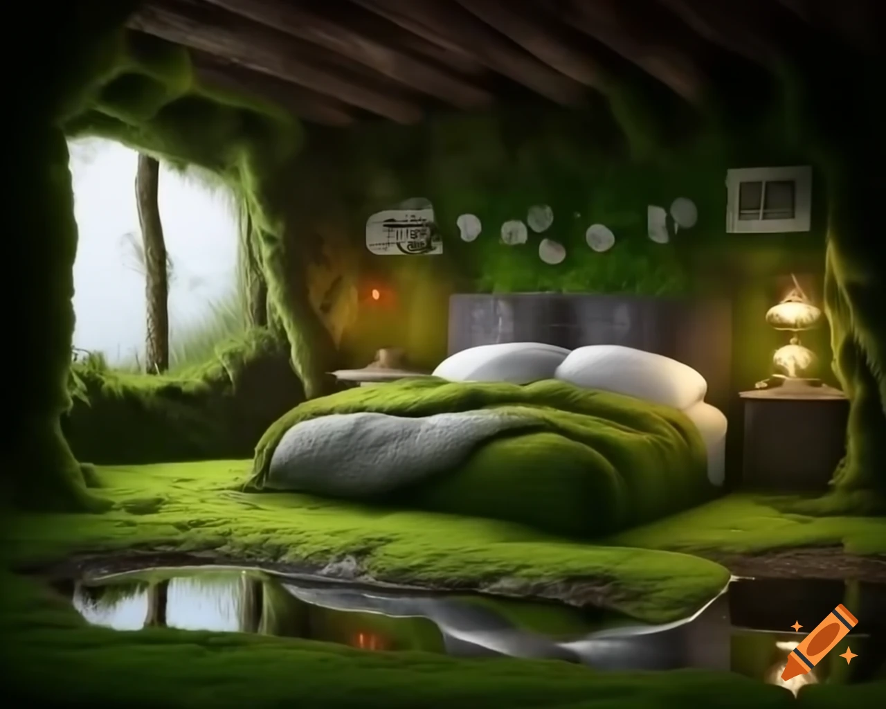Cozy mossy bedroom with mushrooms and water puddles reflecting