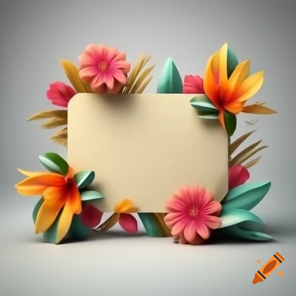 3D postcard design with colorful tropical flowers on transparent background