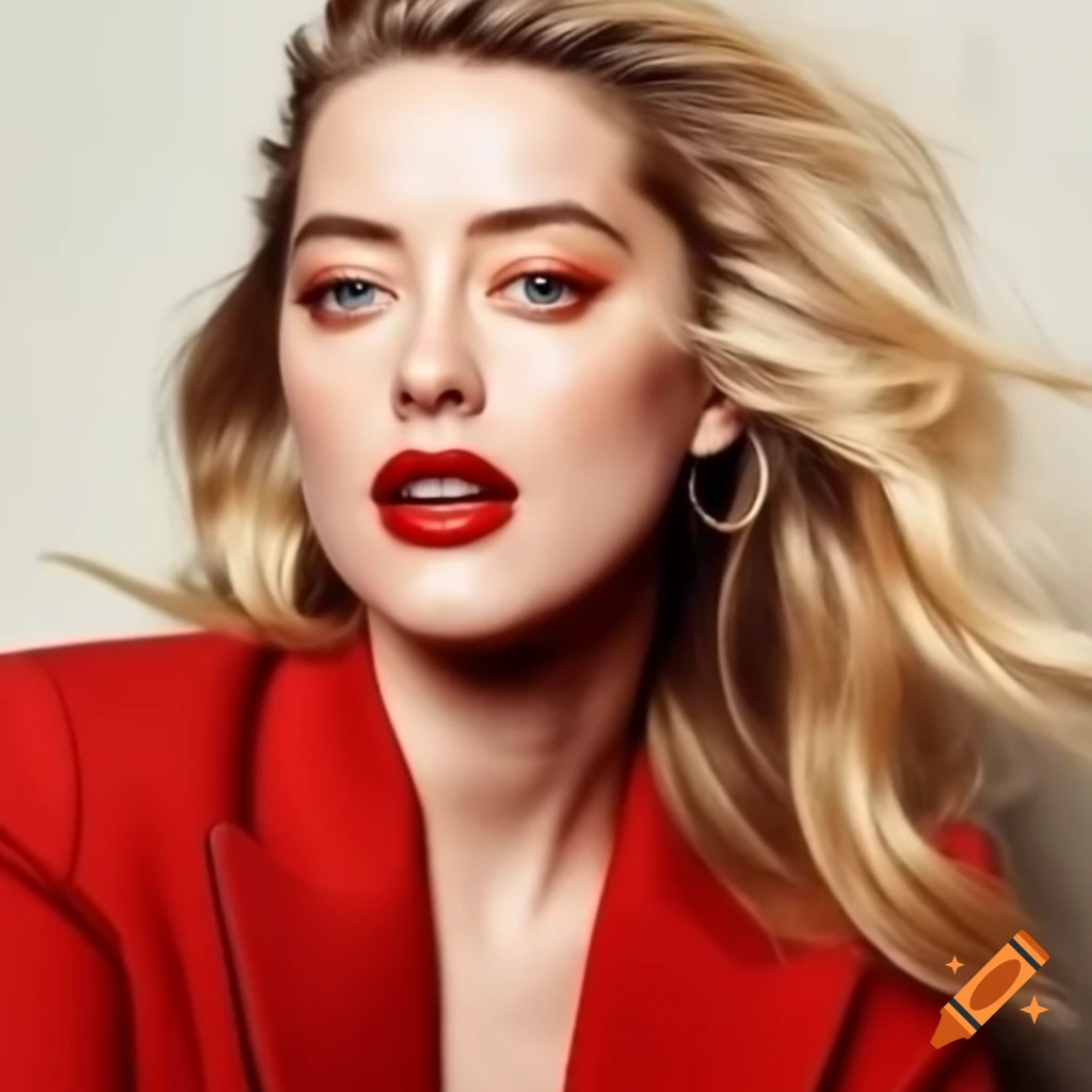 Amber heard in red blazer with wavy blond hair harper s bazaar style