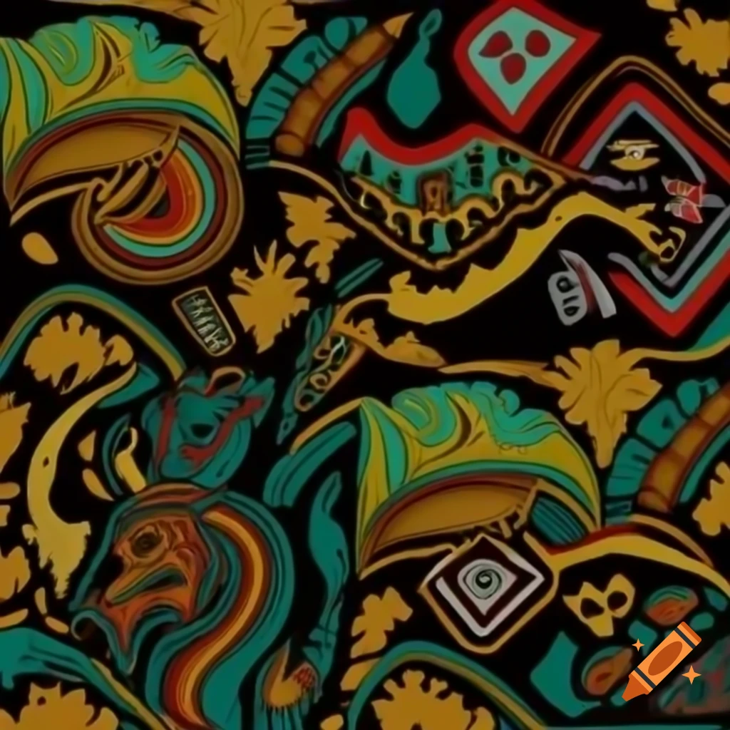 Color serigraph of native Salish motifs featuring fantasy creatures and animal-human hybrids