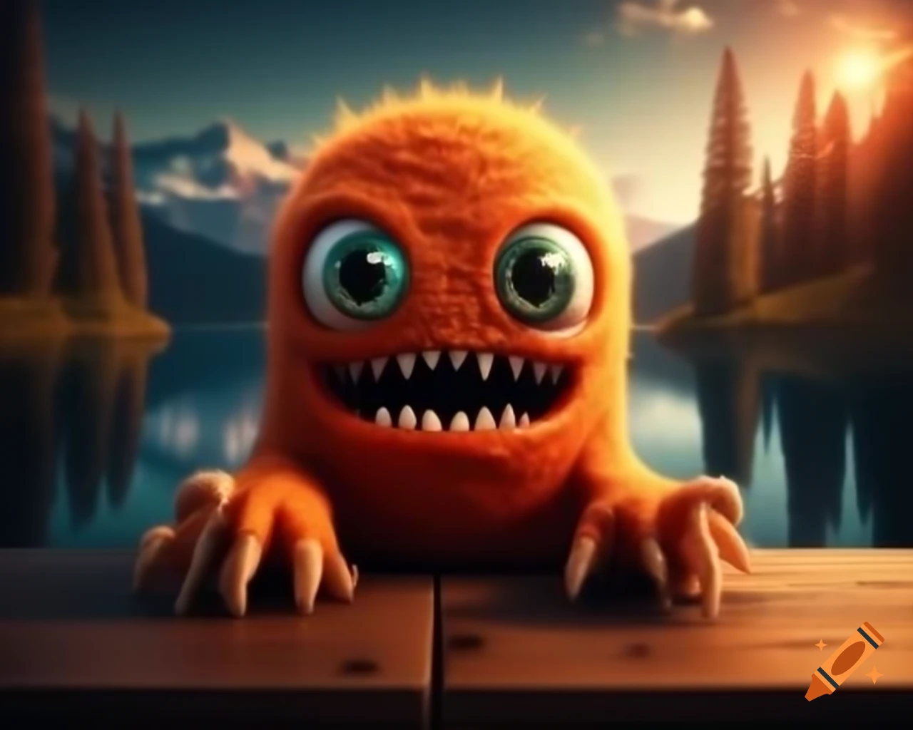 Photorealistic orange monster with human face sitting on wooden table in forest