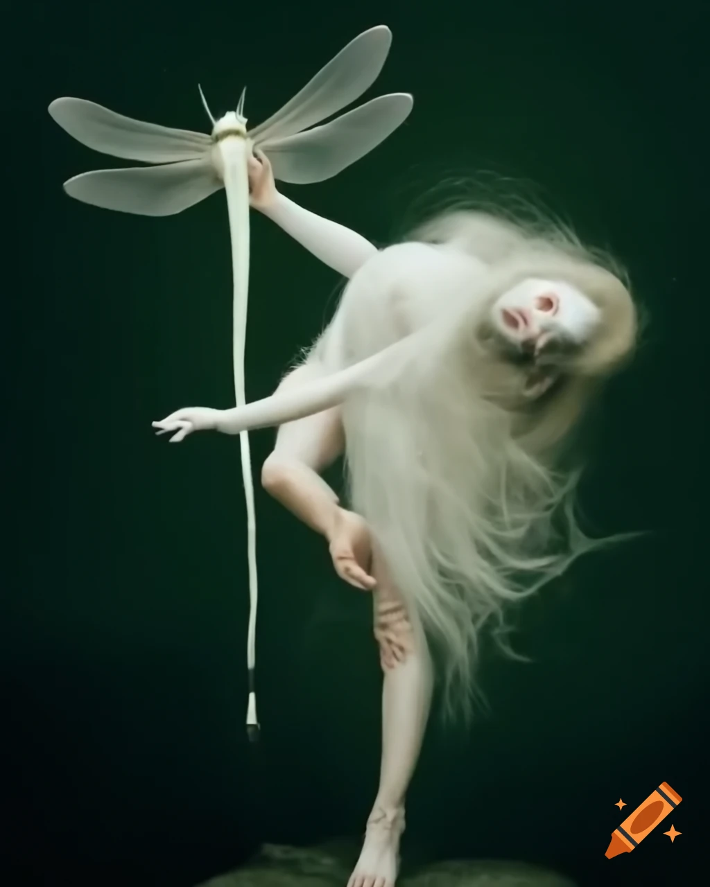 Beautiful female demon transforming into a dragonfly in photorealistic style