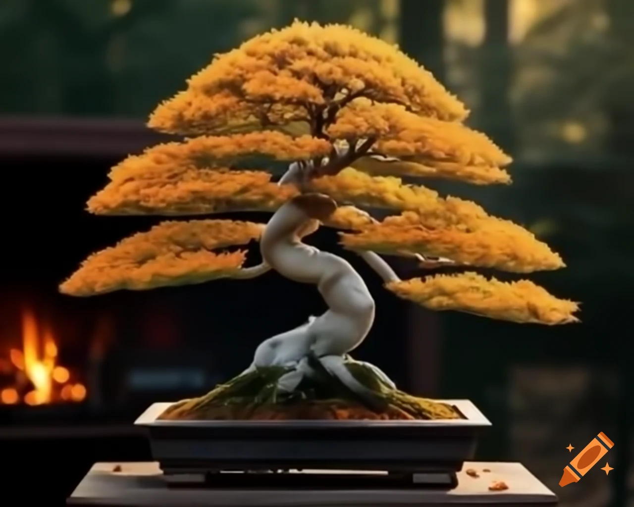 Bonsai tree in autumn near fire pit