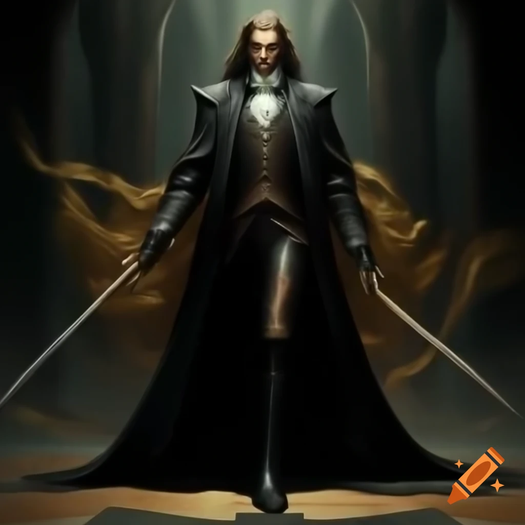 Tall man with long golden curls and metal half-mask