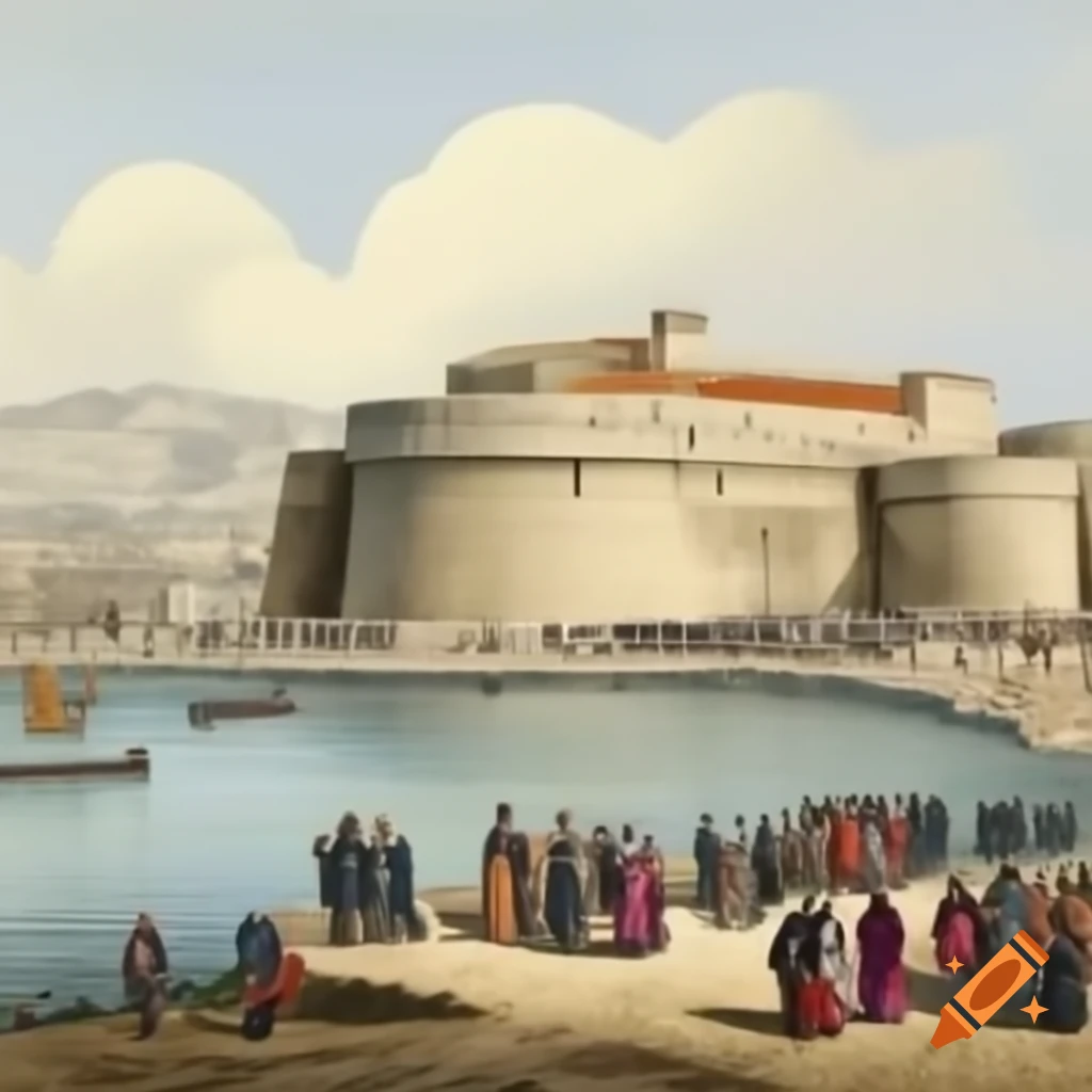Crowded docks of Fort Saint-Jean in Marseille in the early 1800s, colored illustration