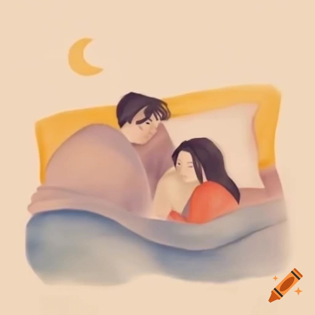Watercolor illustration of a couple sleeping in bed with crescent moon