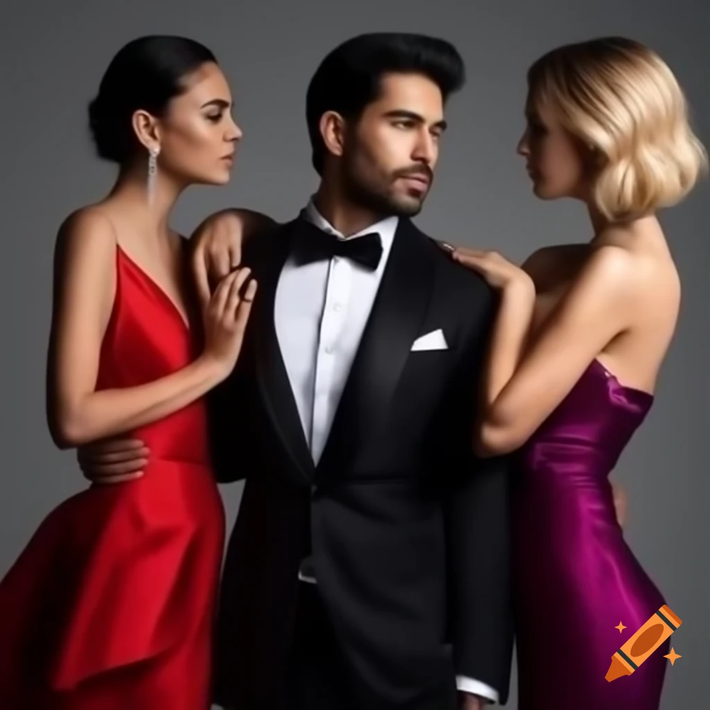 Hispanic male in tuxedo flanked by two women in evening gowns, one blonde and one with black hair