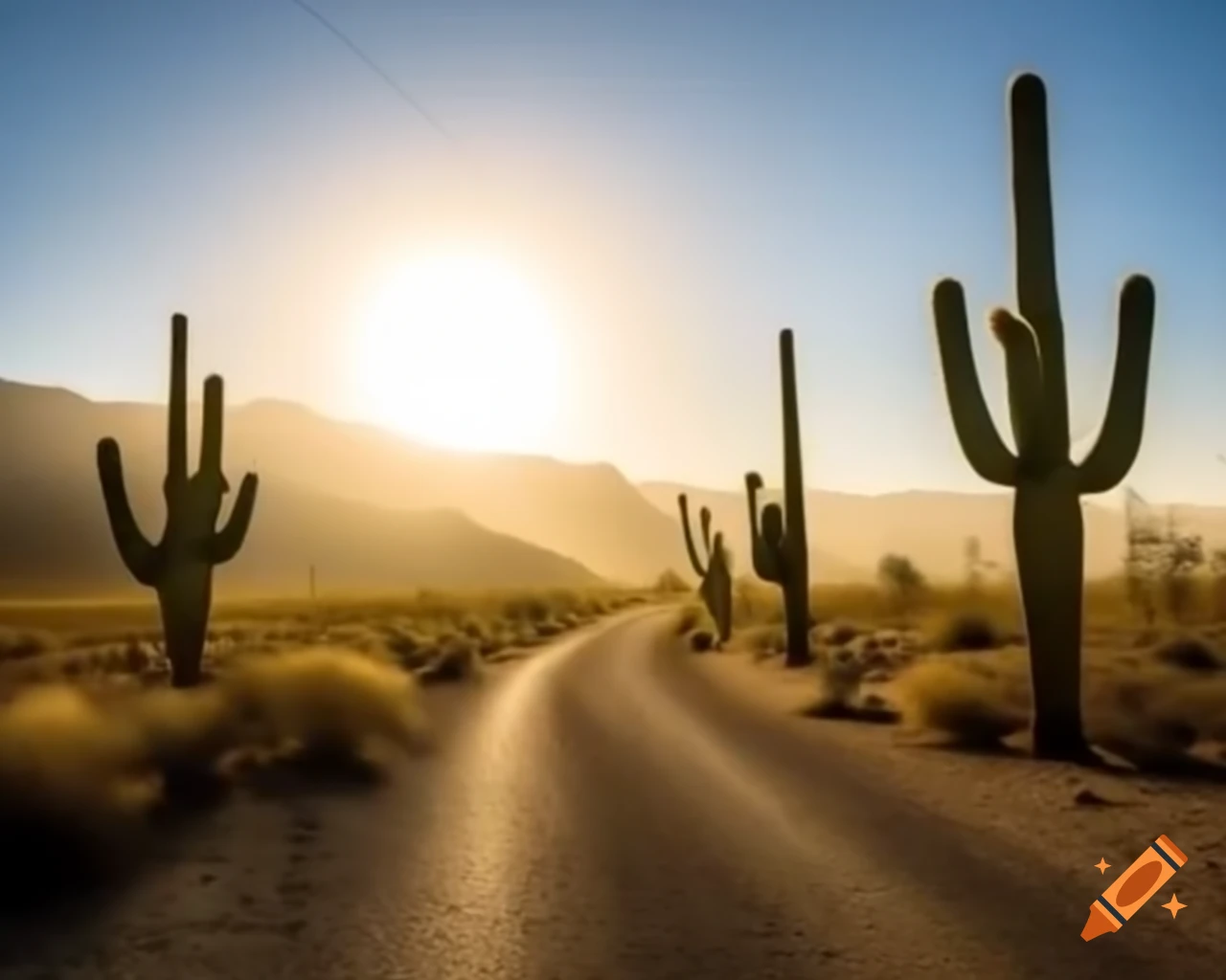 Sun-soaked country road in Arizona winding through dusty landscape