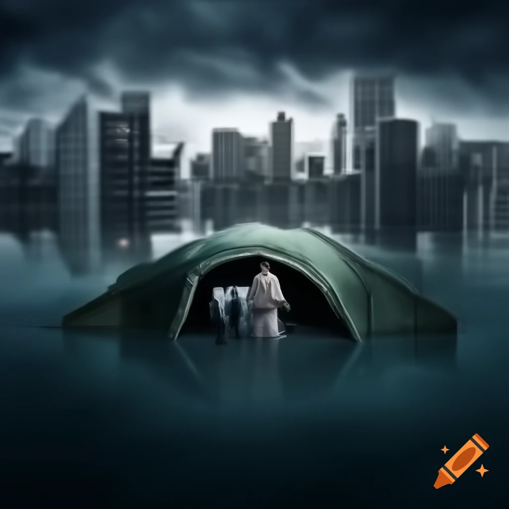 Cityscape with partially submerged buildings and family building a shelter amid flood and rain