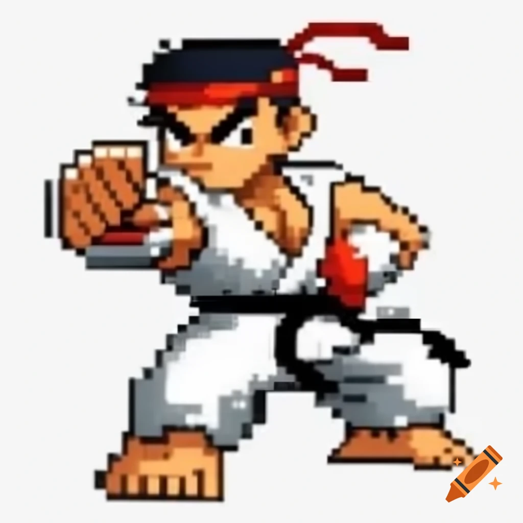 Cartoonish representation of Ryu from Street Fighter on white background
