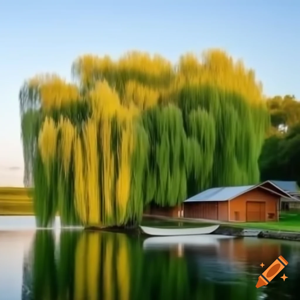 Scenic lake with willow tree, wood cabin on stilts, and rowing boat