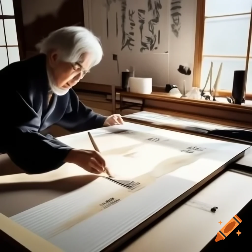 Ukiyo-e woodblock print of artist-magician painting in sunlit studio