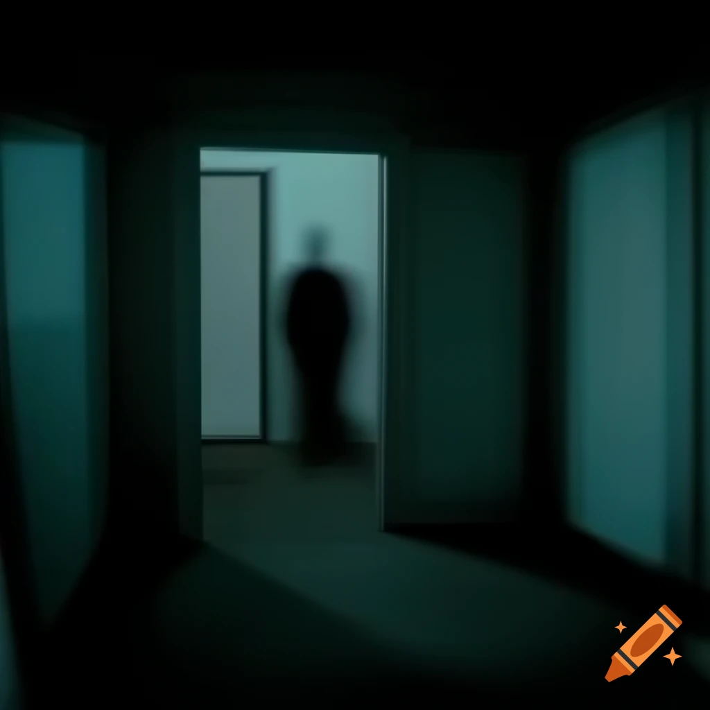 First person view of dark empty apartment room at night with slightly open door