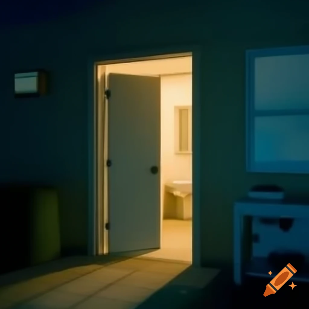 Slightly open bathroom door in apartment at night