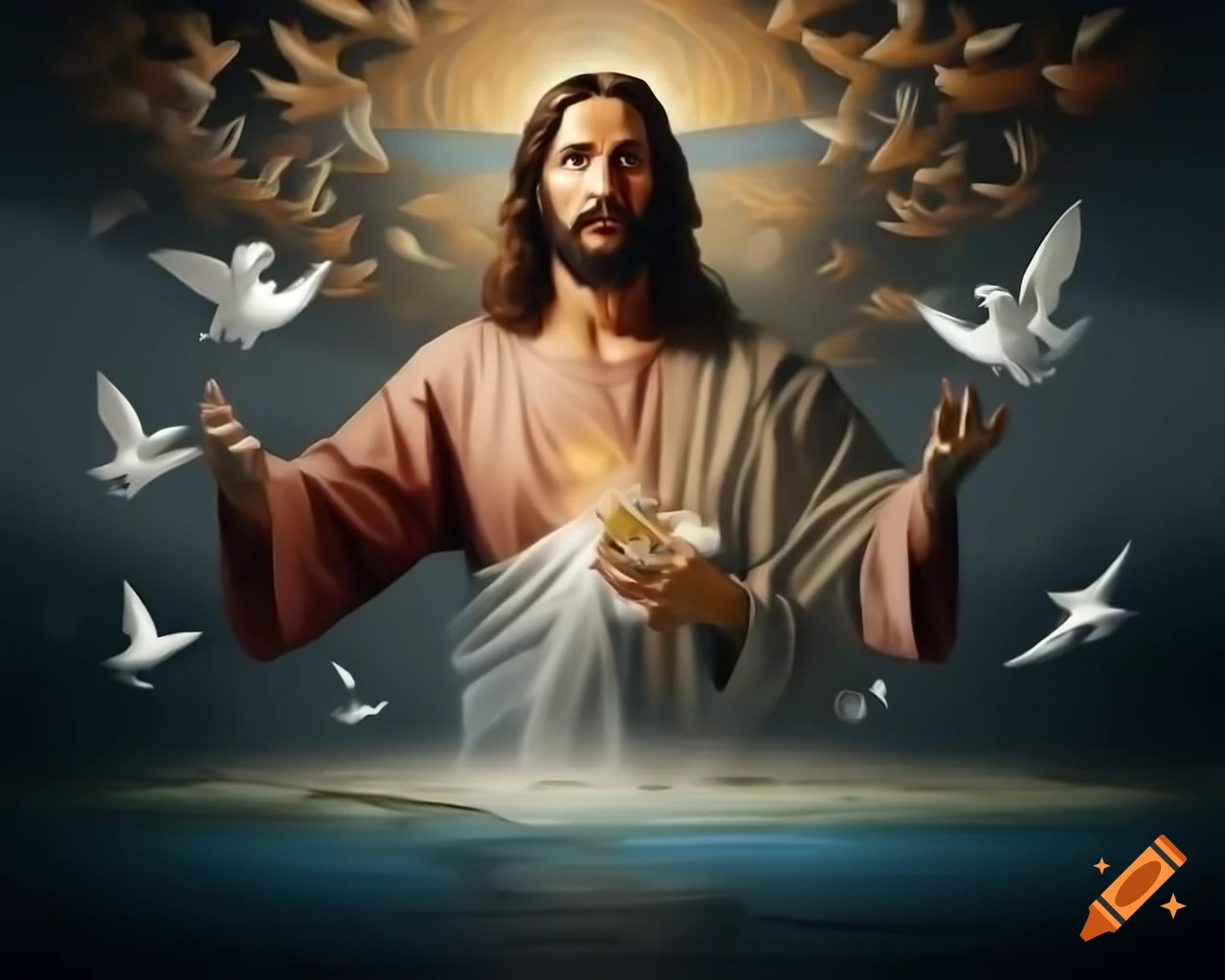 Mosaic painting of Jesus with birds and water by Svetoslav Roerich, figurative style