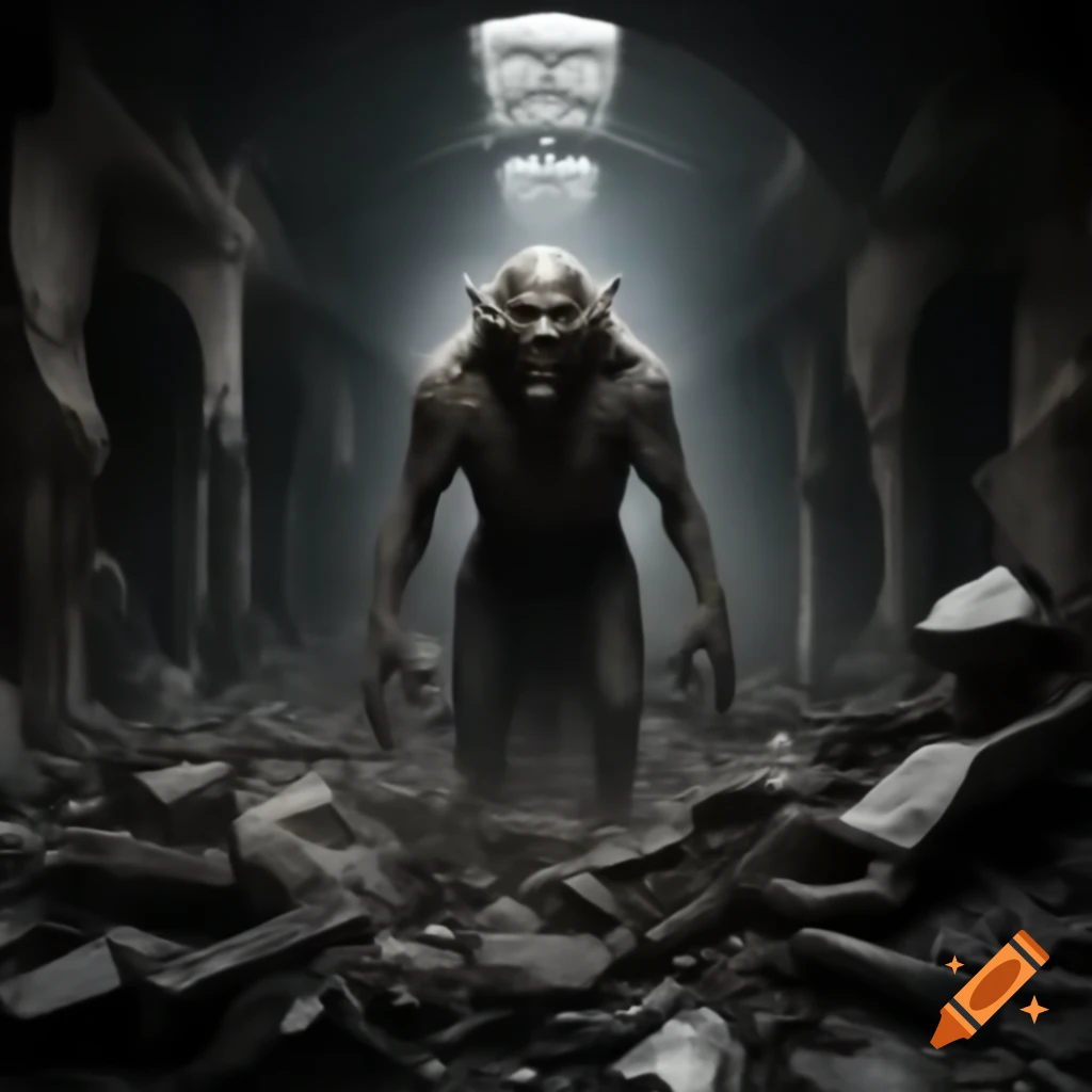 Noir photograph of undead monster in crumbling cellar with animal remains