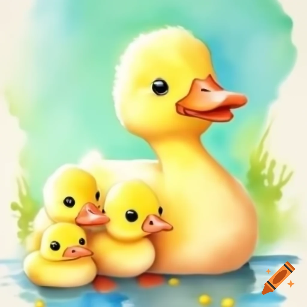 Cartoon-style duck with ducklings in watercolor