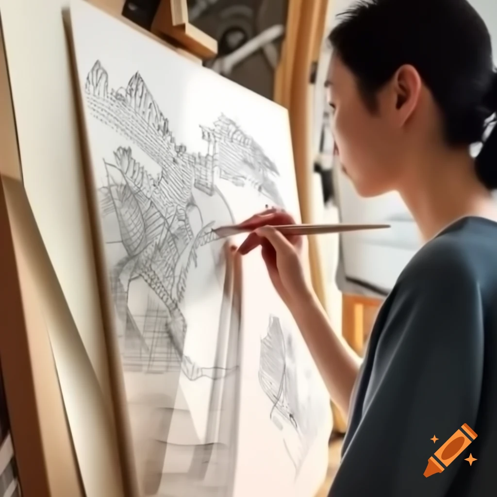 Ukiyo-e woodblock print of artist-magician painting in sunlit studio