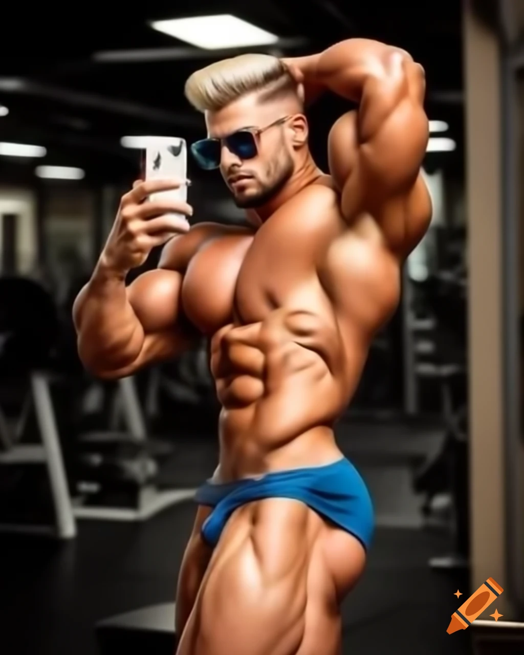 Confident bodybuilder with short blonde crewcut taking a selfie