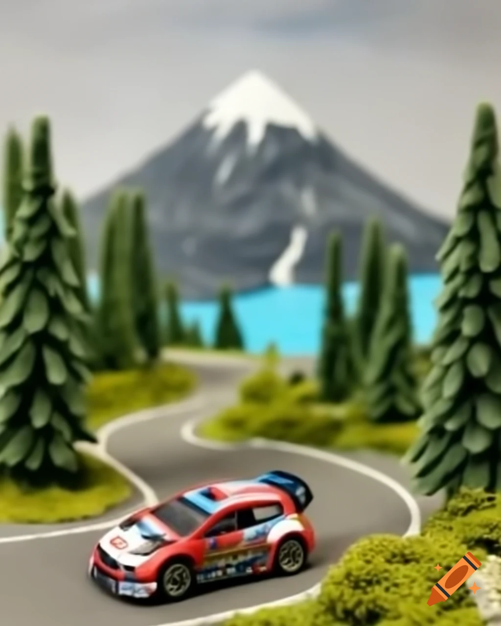 Miniature mountain and lake setup for car rally diorama