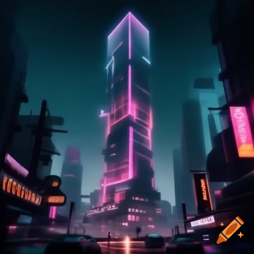 Neon lit cyberpunk skyscraper in futuristic city with orange and pink sky