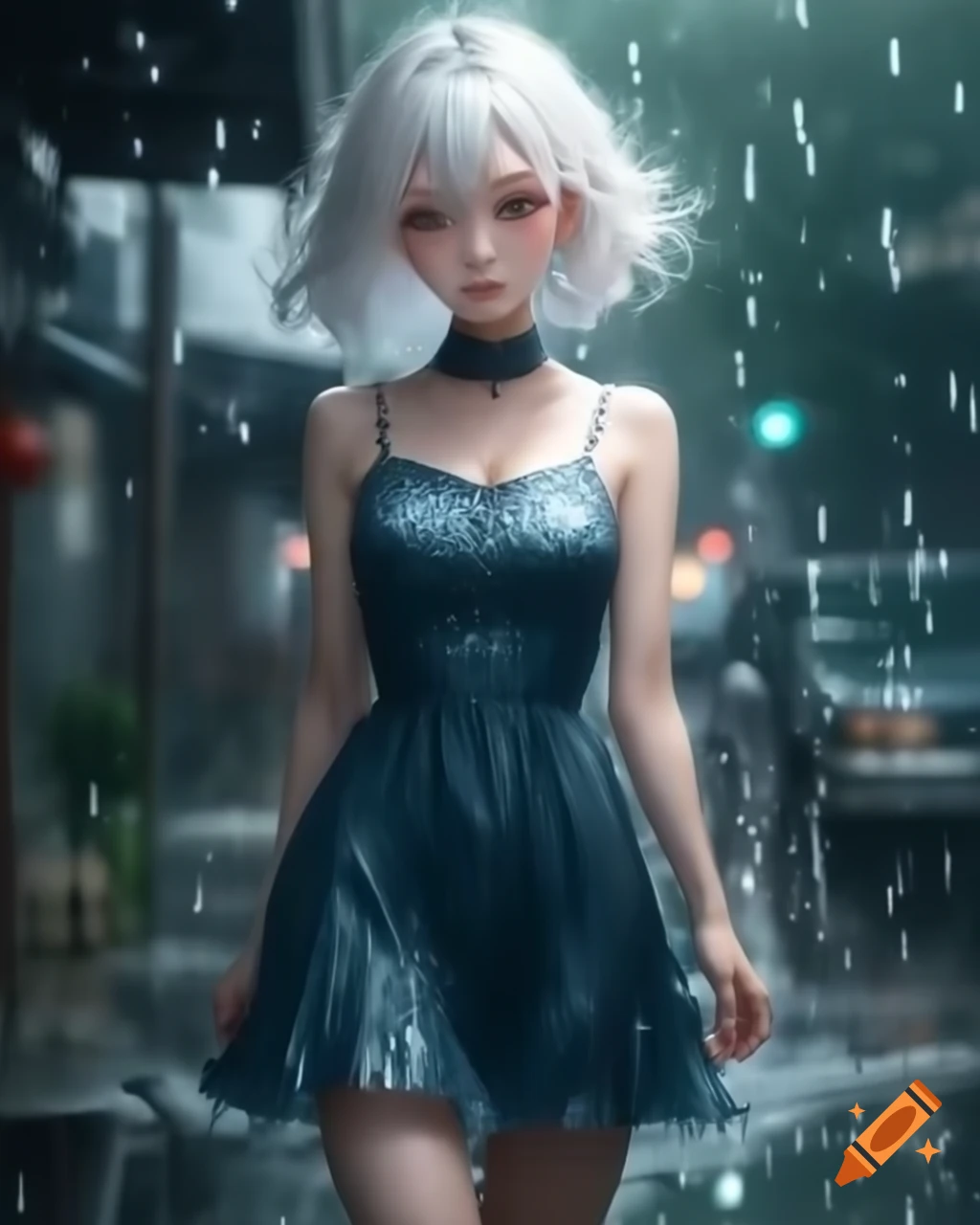 Anime character with white hair in a dress on a rainy day, realistic style
