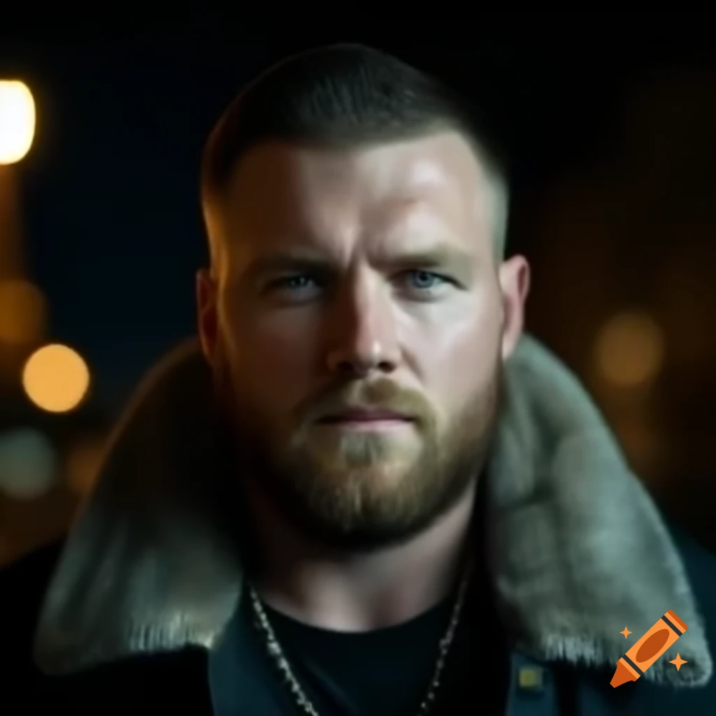 Strong Icelandic man in black t-shirt and denim vest in San Francisco at night