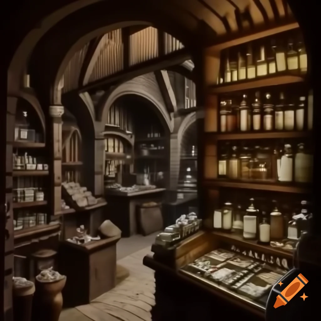 Interior of a medieval apothecary shop showcasing herbs and remedies