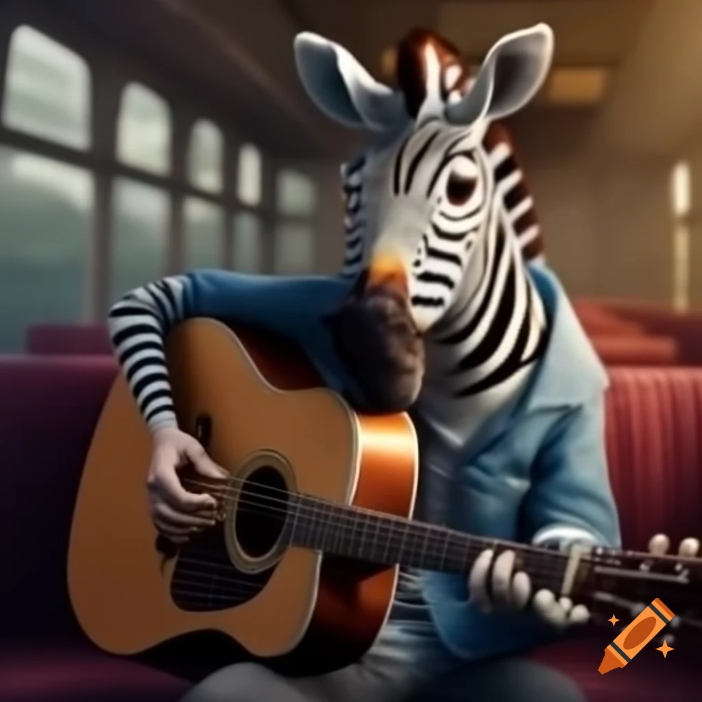 Zebra playing guitar inside a train