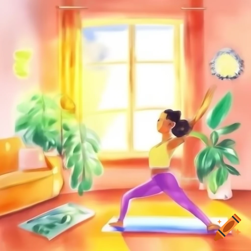 Woman practicing yoga in sunlit living room, watercolor style