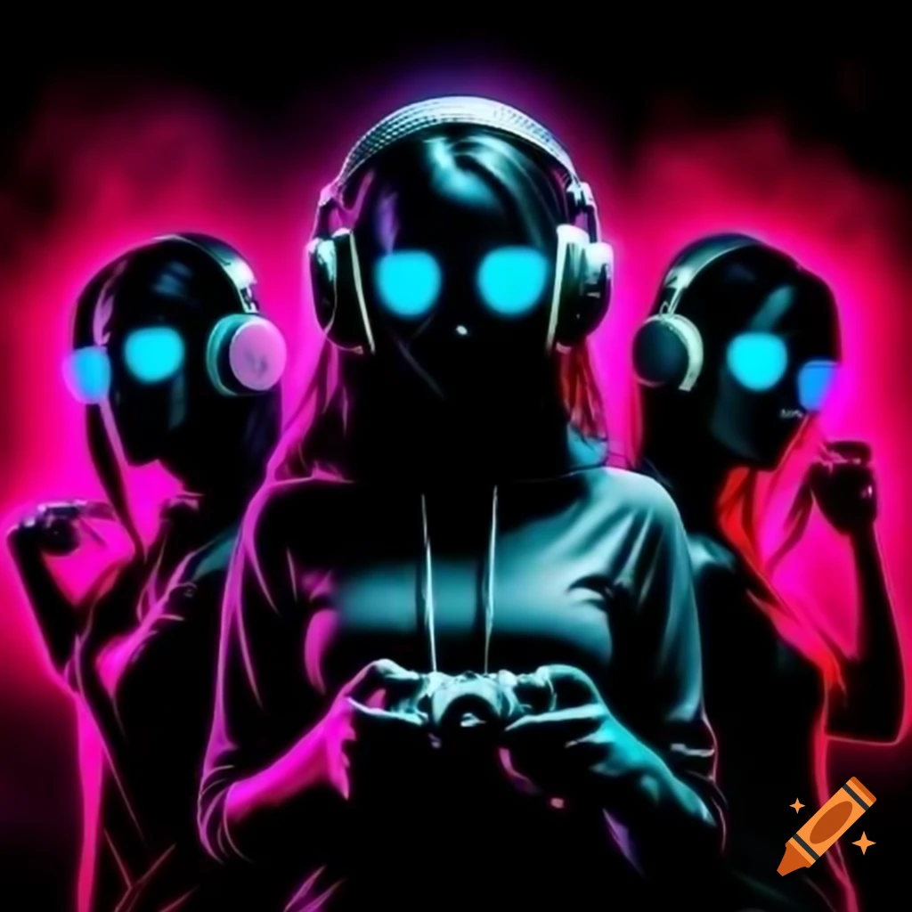 Eerie silhouettes of three females with gaming headphones and controllers
