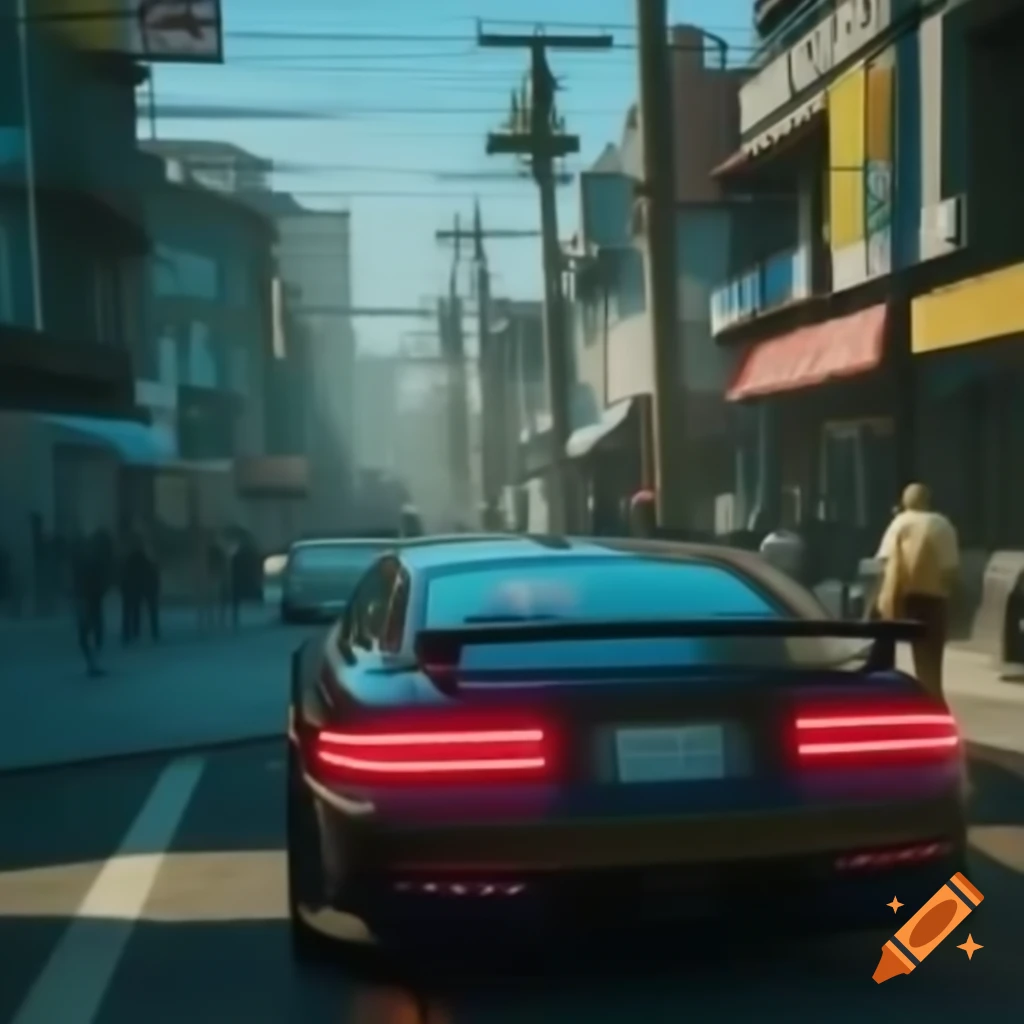 Cyberpunk sportscar on graffiti-lined street with people playing basketball