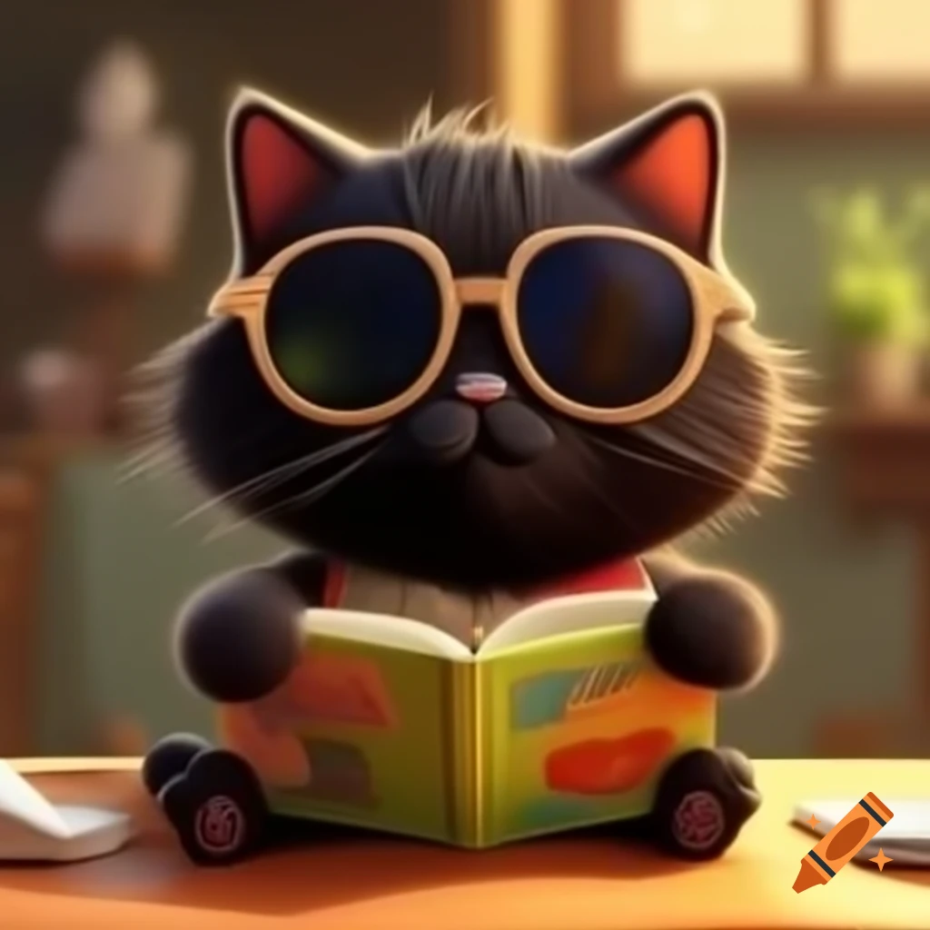 Cartoon of black cat with sunglasses reading a book