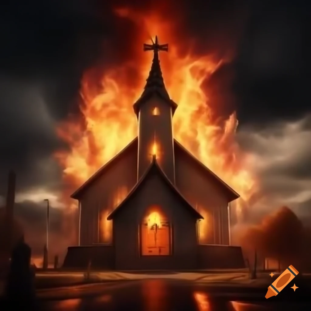 Beautiful church scene with flames in the background