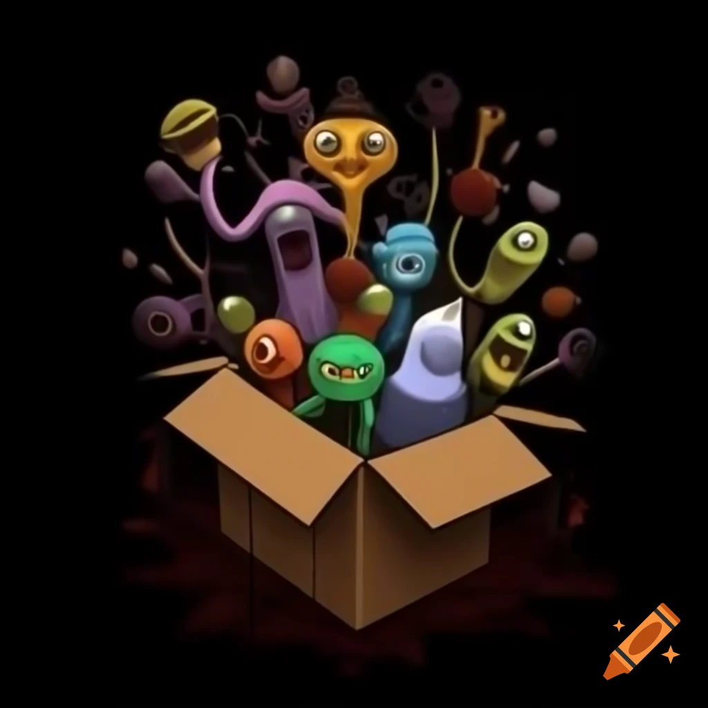 Abstract box in chaotic scene with creepy characters on black background