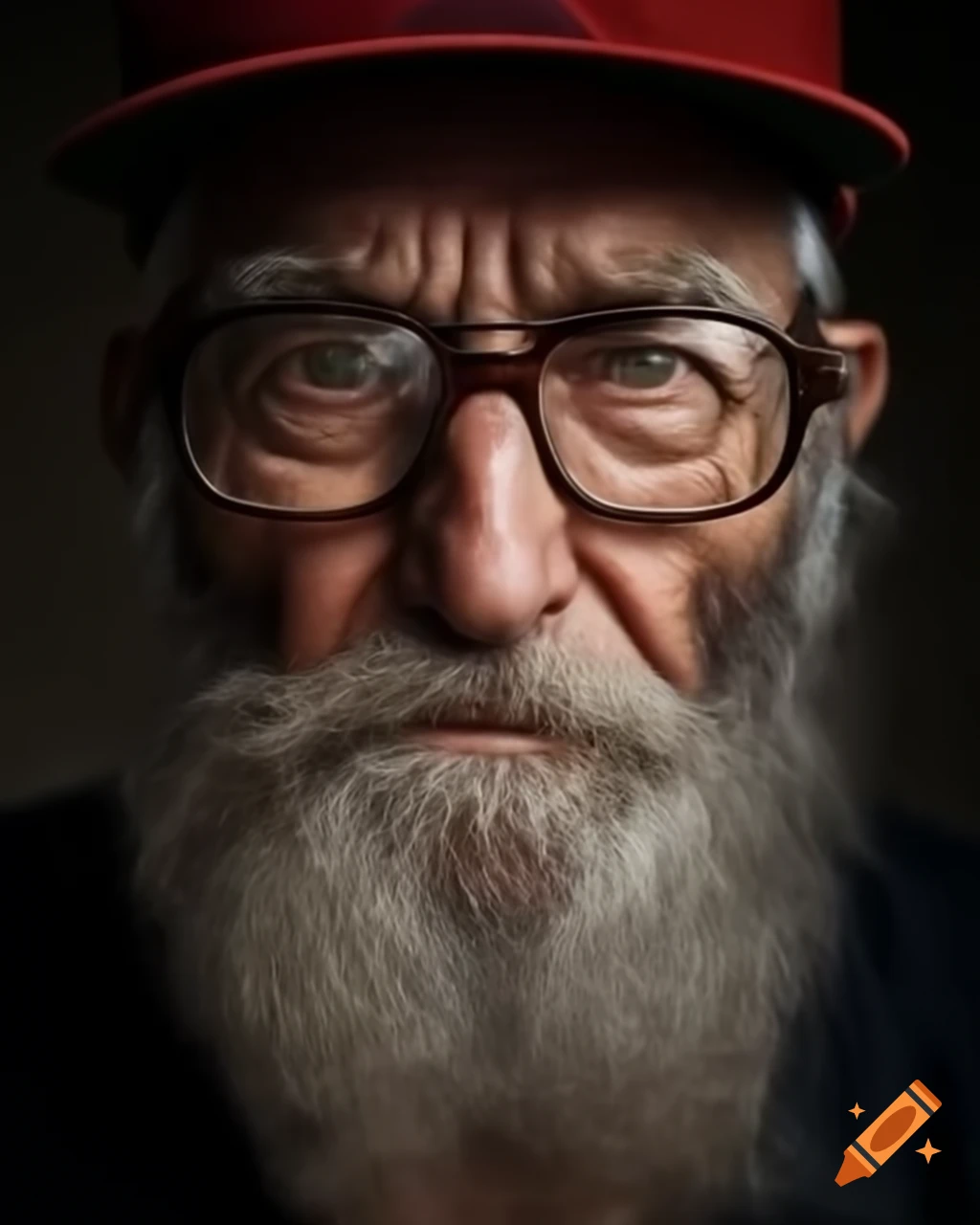 Elderly man with beard and glasses dancing energetically in baseball cap