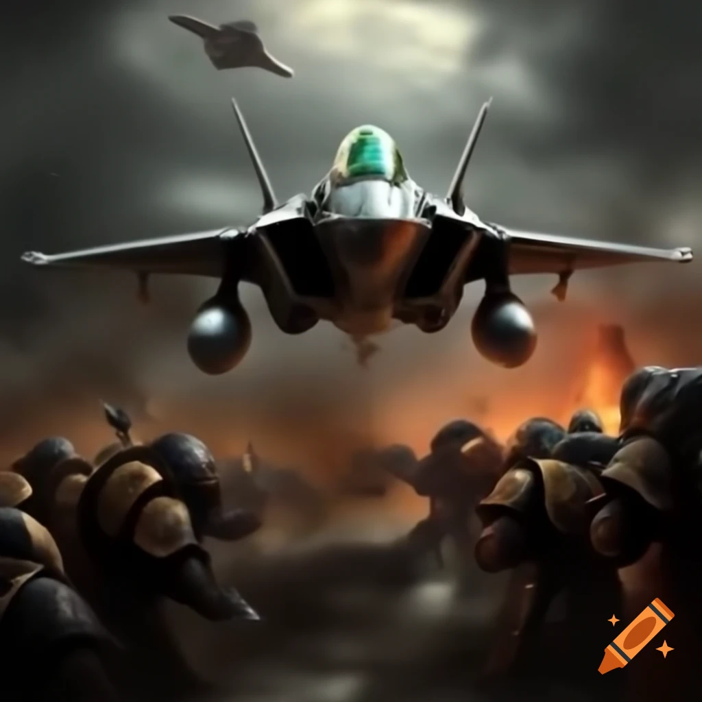 F-22 fighter jet engaging with Warhammer fantasy elements