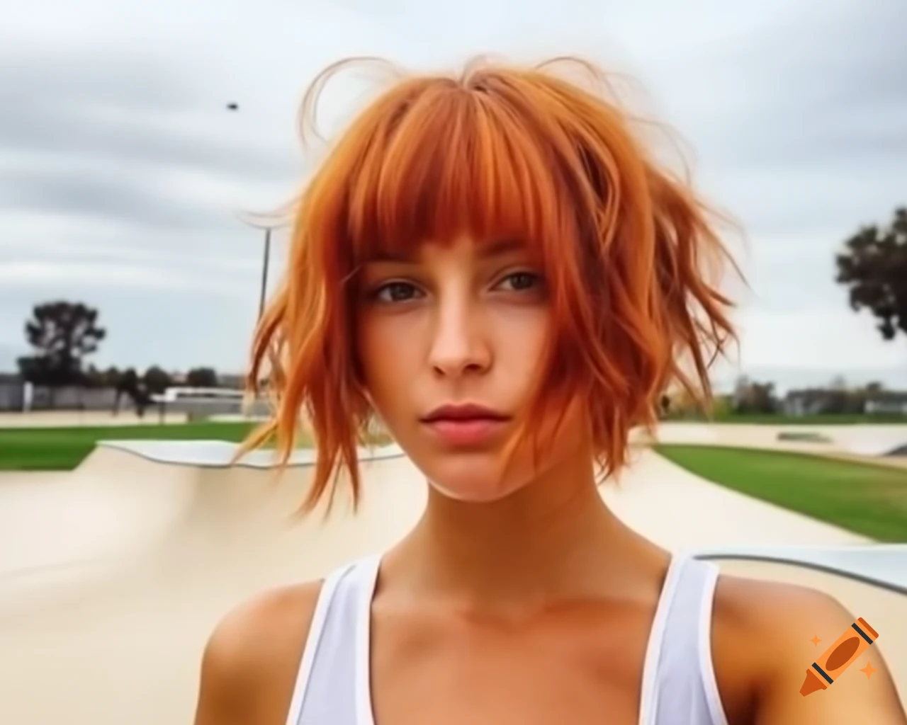 Hyper-realistic portrait of a blushing French female in a tank top at a skate park