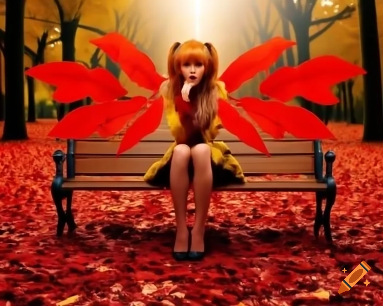 Tsundere character Asuka Langley sitting on park bench in autumn with red leaves