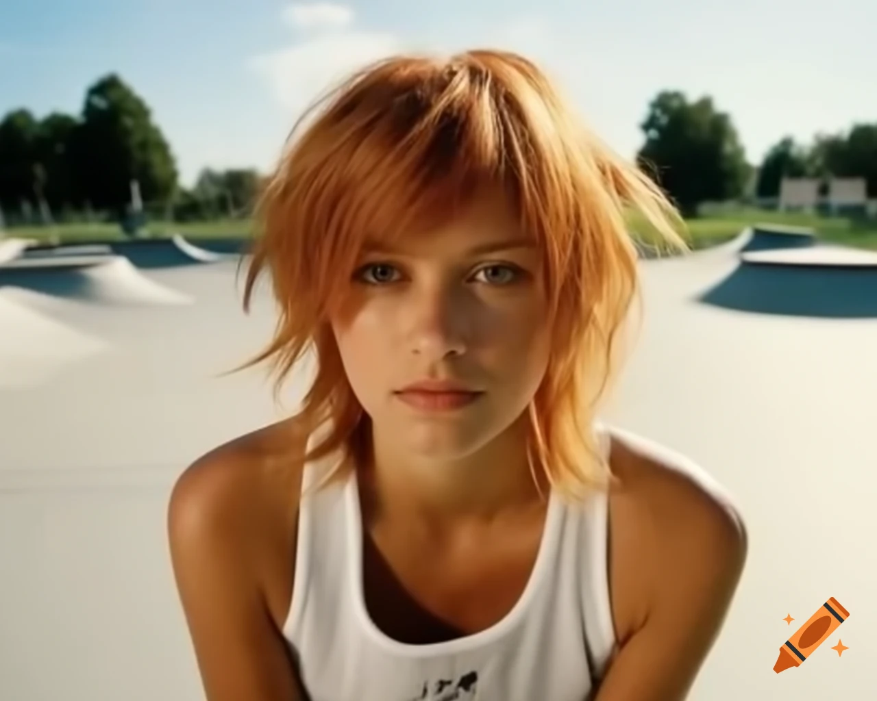 Hyper-realistic portrait of French female skater with ginger hair in tank top at skate-park