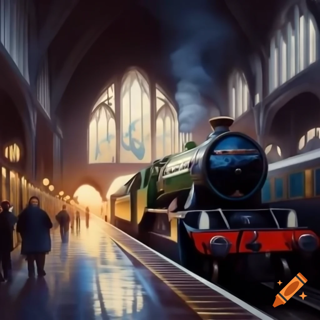 19th-century painting of steam locomotive at Gothic cathedral platform