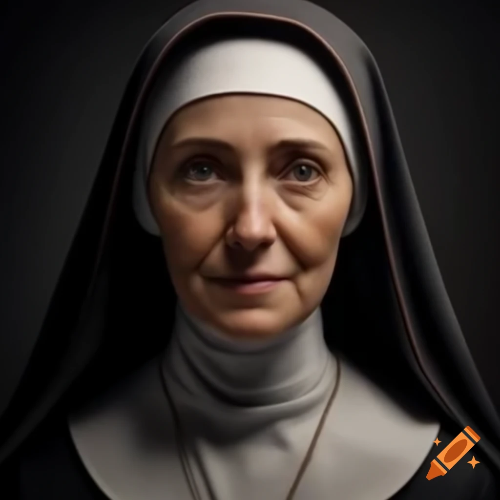 Realistic portrait of a serene medieval nun in her mid-30s