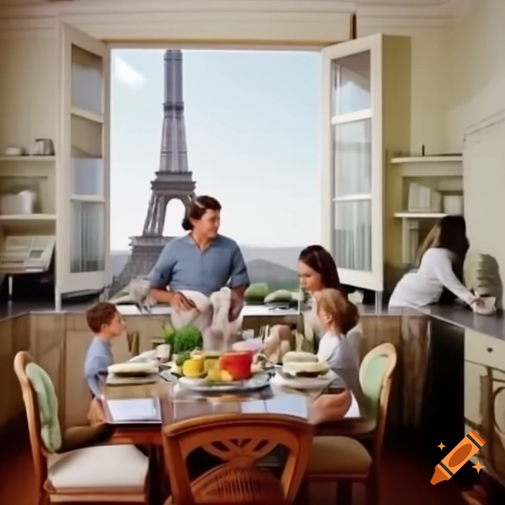 French family gathered around kitchen table with view of Eiffel Tower