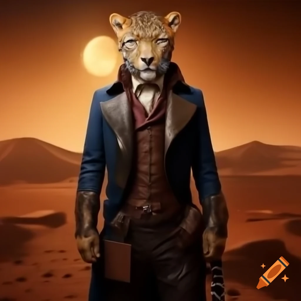 Leopard man in Victorian steampunk attire on Mars