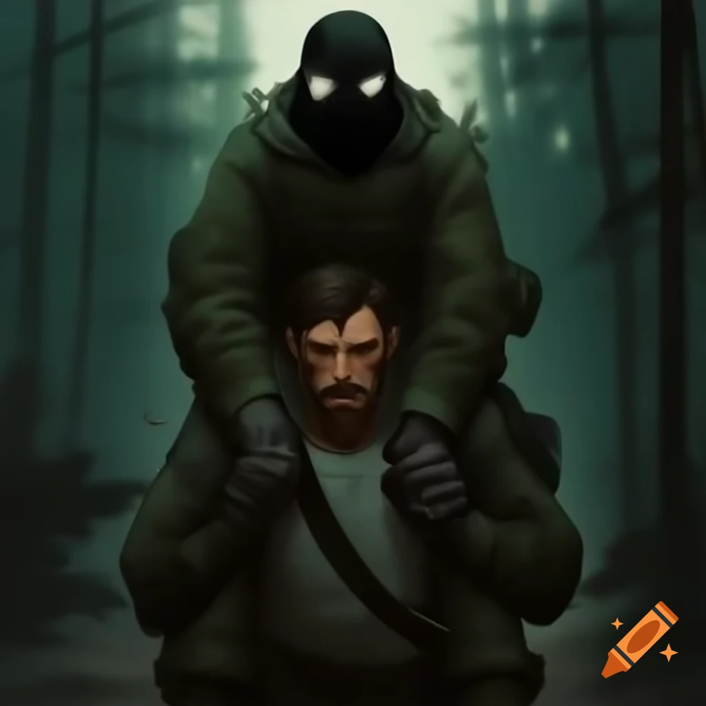 Stalker carrying friend in military uniform and gas mask through dense forest