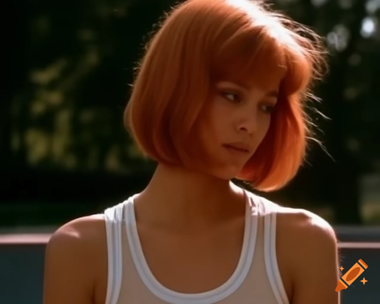 Hyper-realistic portrayal of a blushing yandere skater with ginger hair in a tank top at a skate park
